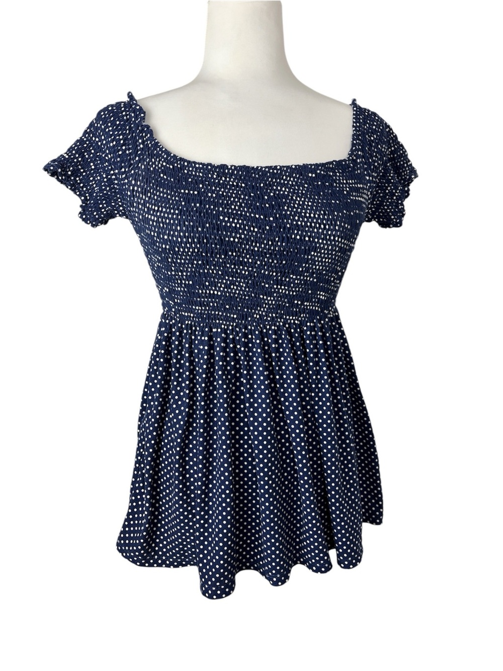 Navy Blue Polka Dot Smocked baby doll top XL (fits as one size fits most)